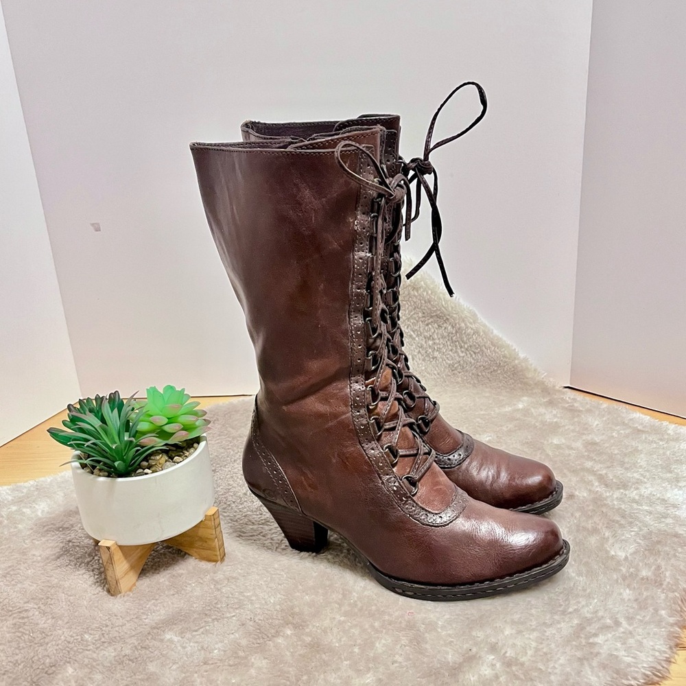 Born | Carita Lace Up Brown Leather Heeled Calf Boots Size 7